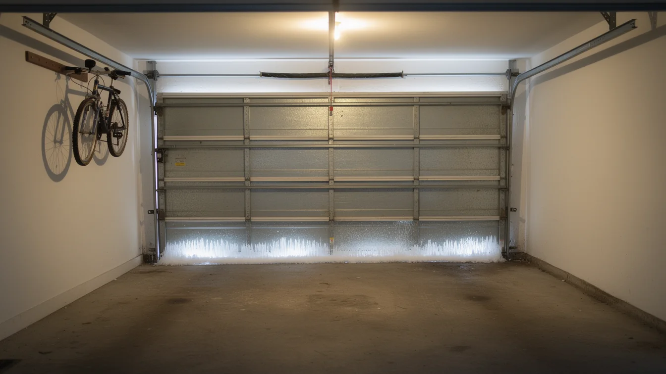 A closed garage door with a torsion spring and a bicycle hanging on the wall.