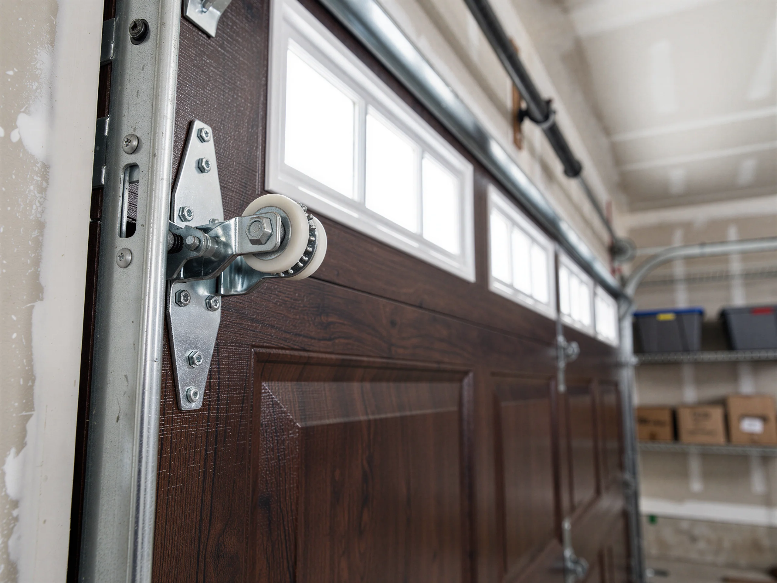 A brown garage door with windows and a roller on a metal track.