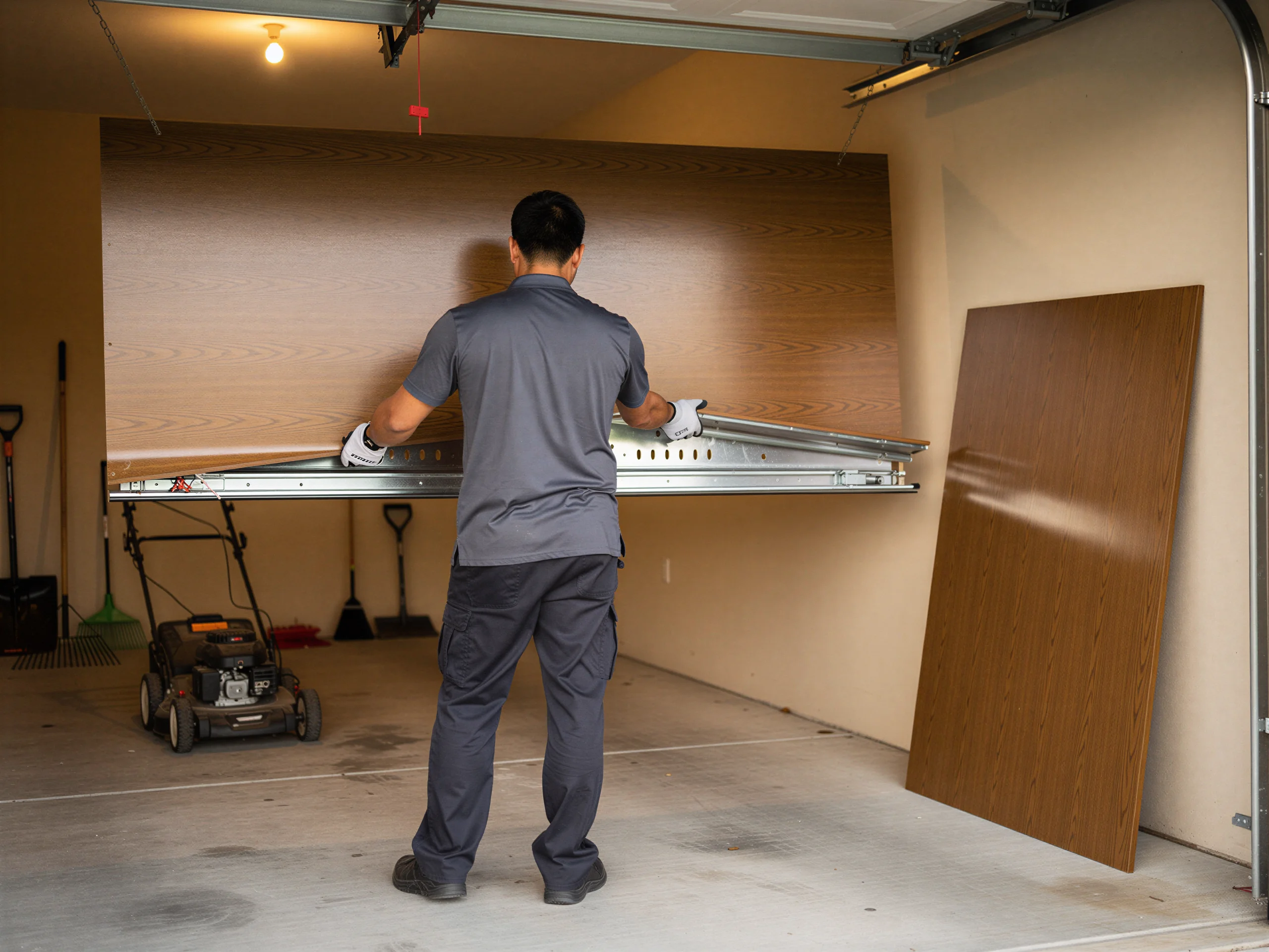 A technician installs a brown wood-grain garage door panel in a garage.