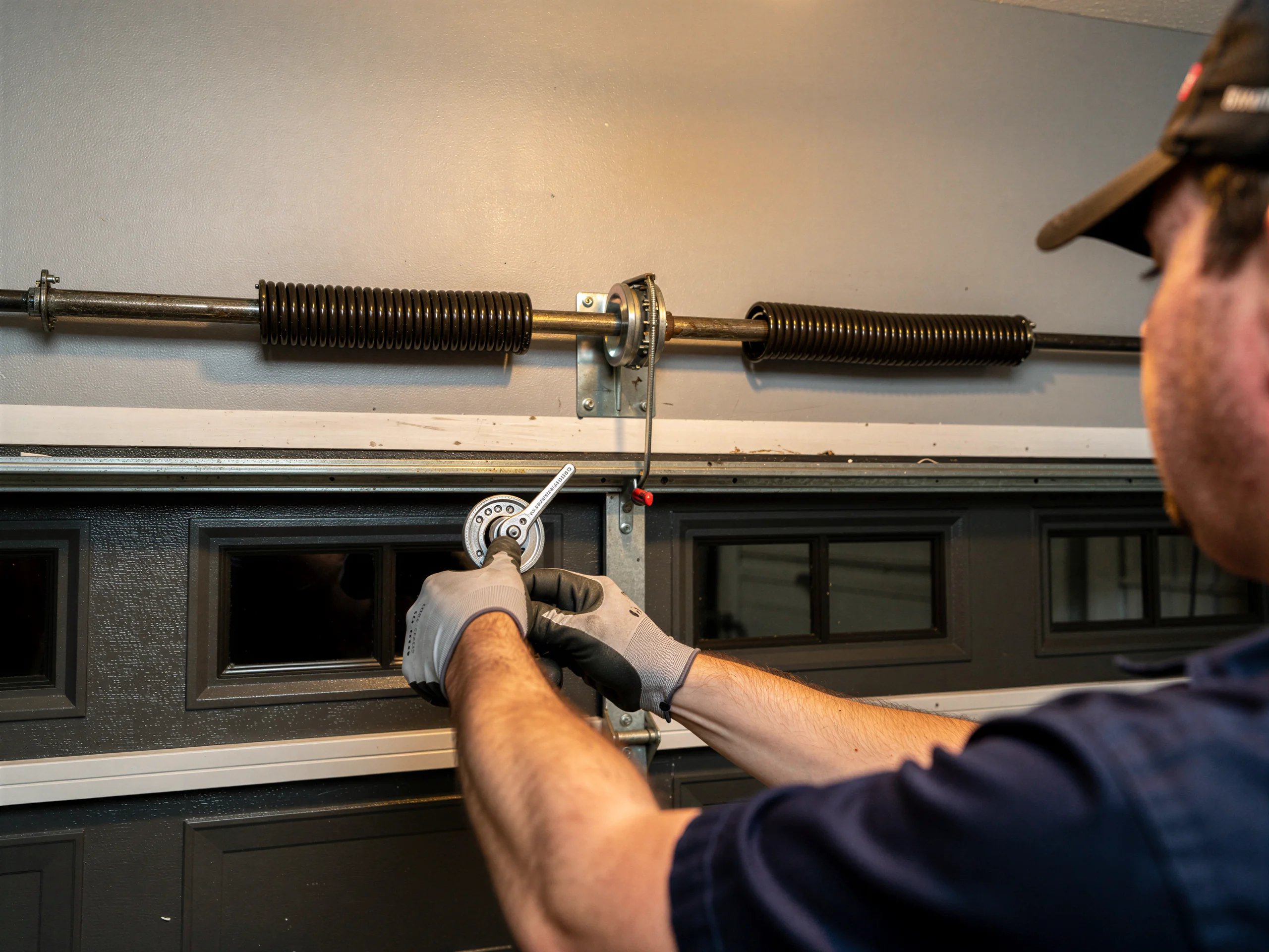 A technician adjusts the torsion spring above a dark gray garage door.