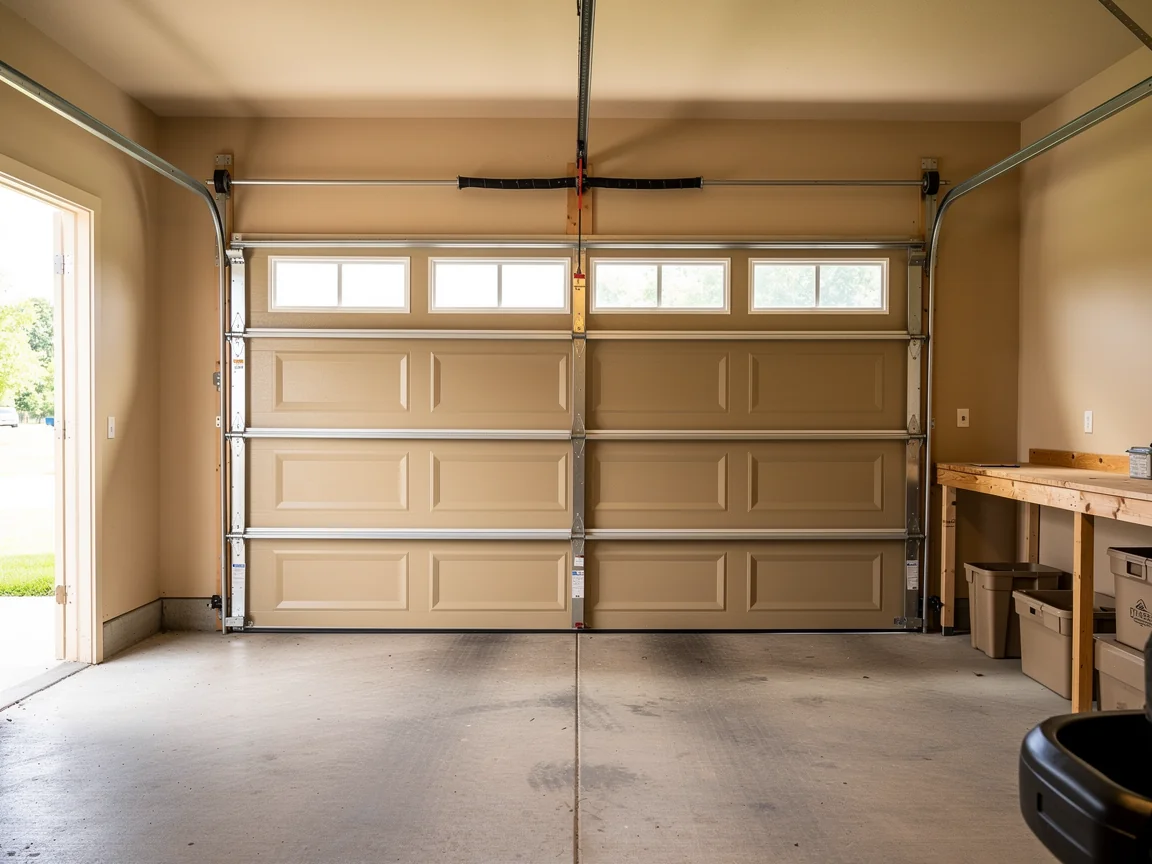 A closed tan garage door with windows is inside a garage.